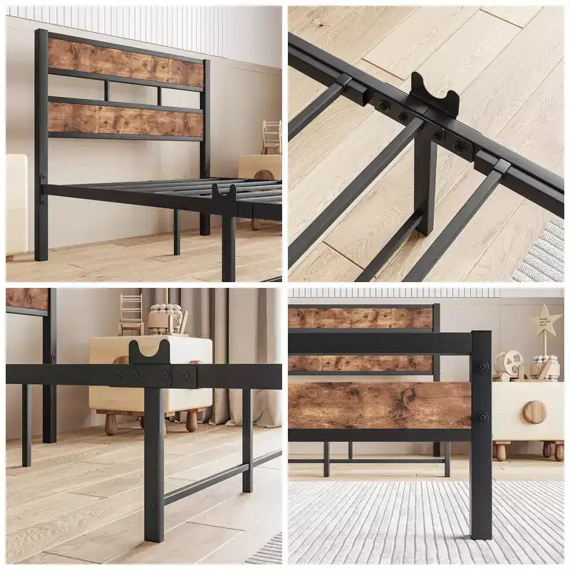 Cadre de lit plateforme CLIHOME avec tête de lit en bois rustique vintage, support à lattes métalliques solides, aucun sommier tapissier requis