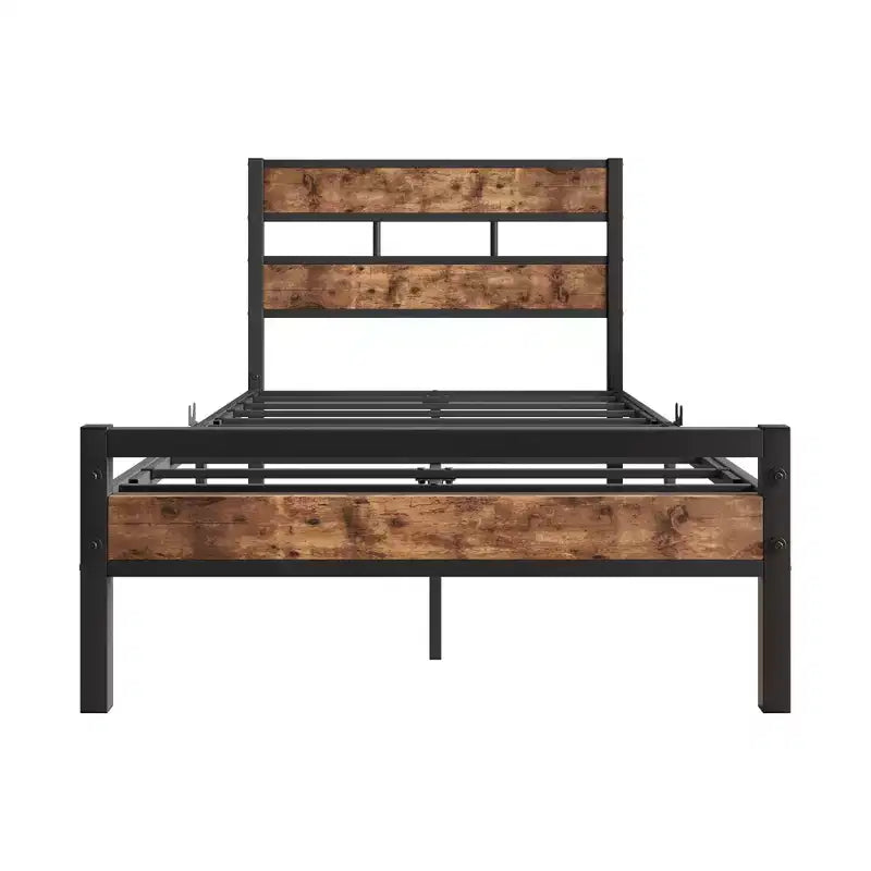 Cadre de lit plateforme CLIHOME avec tête de lit en bois rustique vintage, support à lattes métalliques solides, aucun sommier tapissier requis