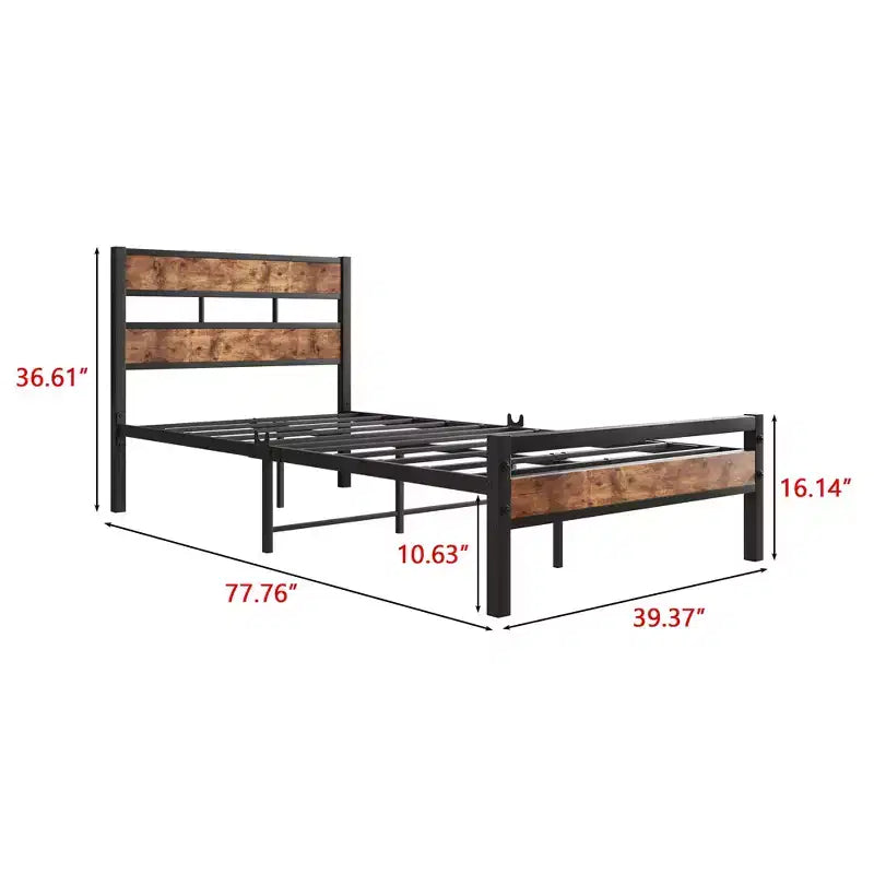 Cadre de lit plateforme CLIHOME avec tête de lit en bois rustique vintage, support à lattes métalliques solides, aucun sommier tapissier requis