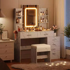 Coiffeuse avec miroir, coiffeuse de maquillage avec tiroirs et station de charge, 3 couleurs d'éclairage réglables