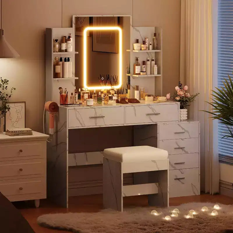 Coiffeuse avec miroir, coiffeuse de maquillage avec tiroirs et station de charge, 3 couleurs d'éclairage réglables