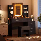 Coiffeuse avec miroir, coiffeuse de maquillage avec tiroirs et station de charge, 3 couleurs d'éclairage réglables