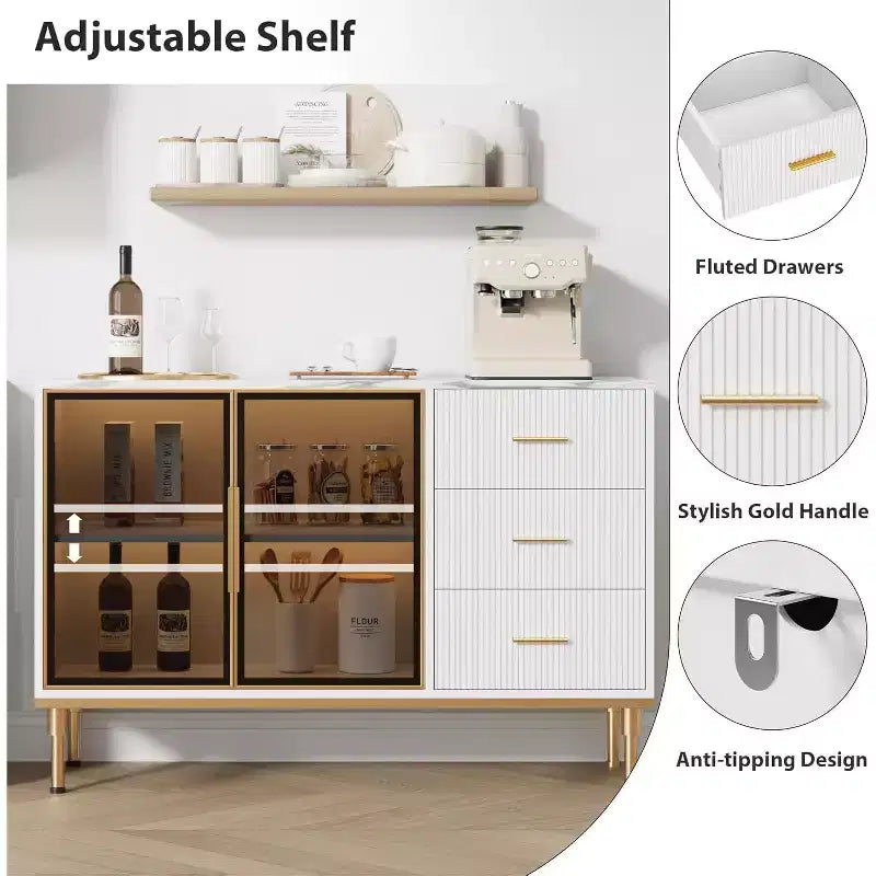 46.4 Buffet de salle à manger avec rangement, 2 portes vitrées, 3 tiroirs et étagères, dessus en marbre, meuble de rangement pour salle à manger