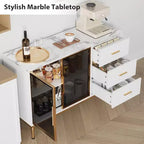 46.4 Buffet de salle à manger avec rangement, 2 portes vitrées, 3 tiroirs et étagères, dessus en marbre, meuble de rangement pour salle à manger