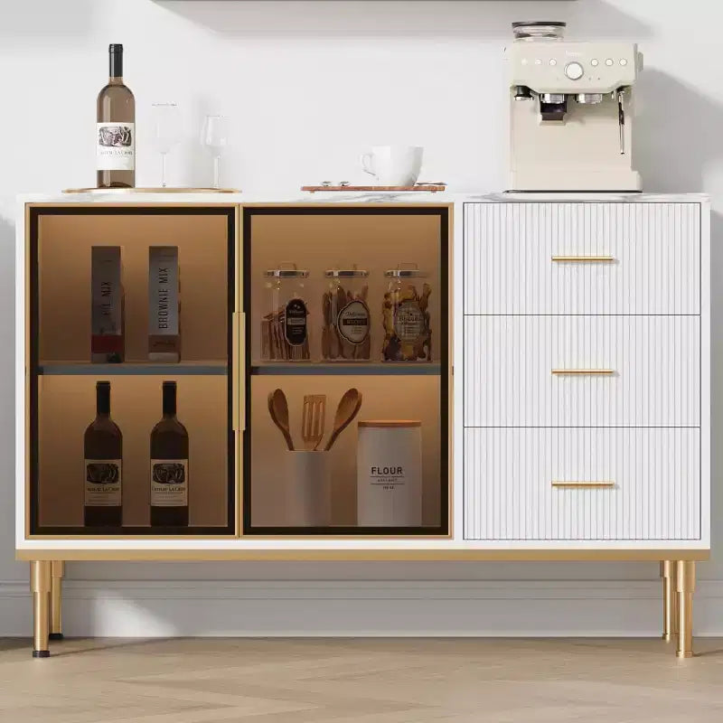 46.4 Buffet de salle à manger avec rangement, 2 portes vitrées, 3 tiroirs et étagères, dessus en marbre, meuble de rangement pour salle à manger