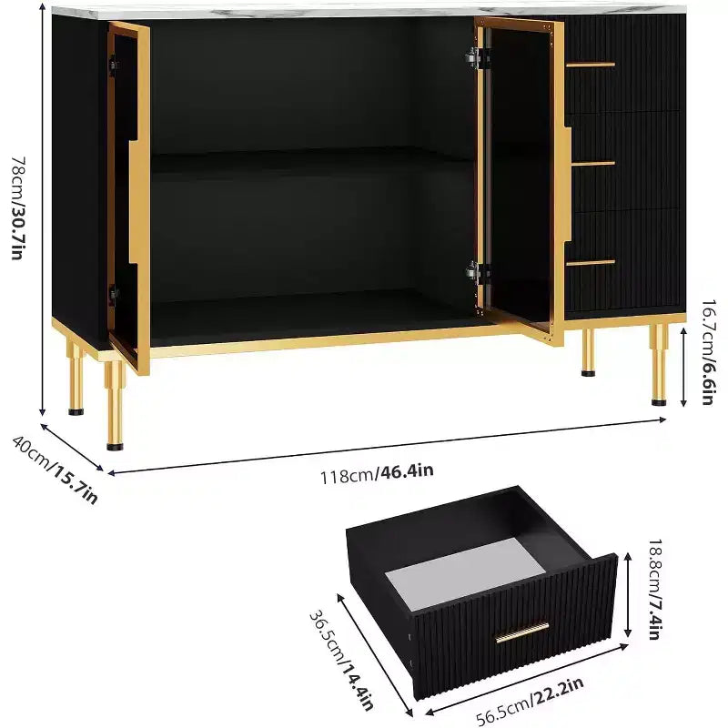 46.4 Buffet de salle à manger avec rangement, 2 portes vitrées, 3 tiroirs et étagères, dessus en marbre, meuble de rangement pour salle à manger