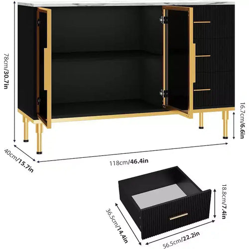 46.4 Buffet de salle à manger avec rangement, 2 portes vitrées, 3 tiroirs et étagères, dessus en marbre, meuble de rangement pour salle à manger