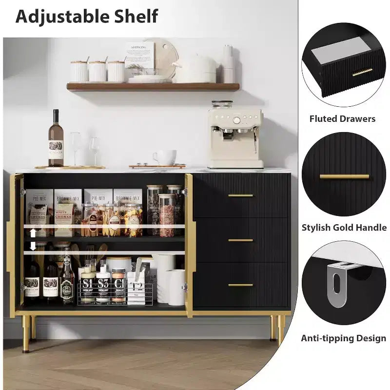 46.4 Buffet de salle à manger avec rangement, 2 portes vitrées, 3 tiroirs et étagères, dessus en marbre, meuble de rangement pour salle à manger