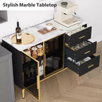 46.4 Buffet de salle à manger avec rangement, 2 portes vitrées, 3 tiroirs et étagères, dessus en marbre, meuble de rangement pour salle à manger