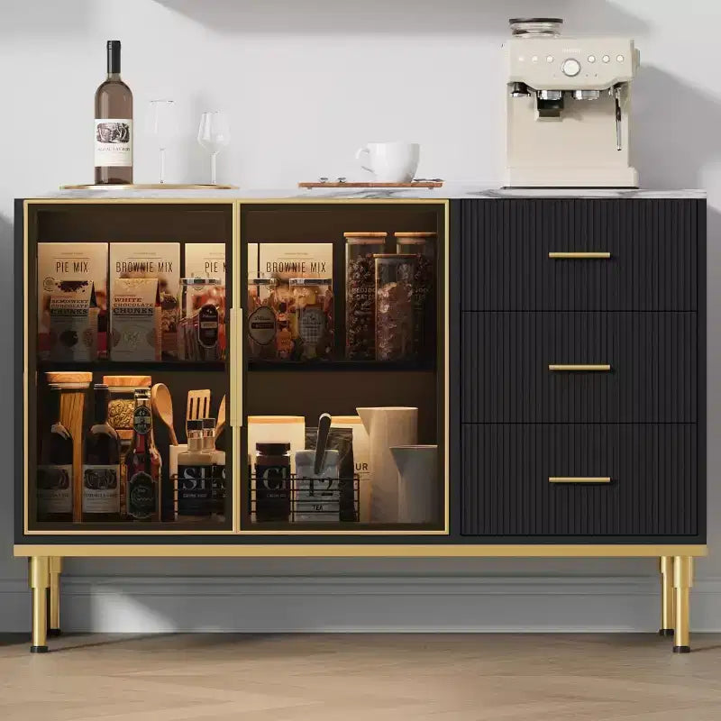 46.4 Buffet de salle à manger avec rangement, 2 portes vitrées, 3 tiroirs et étagères, dessus en marbre, meuble de rangement pour salle à manger
