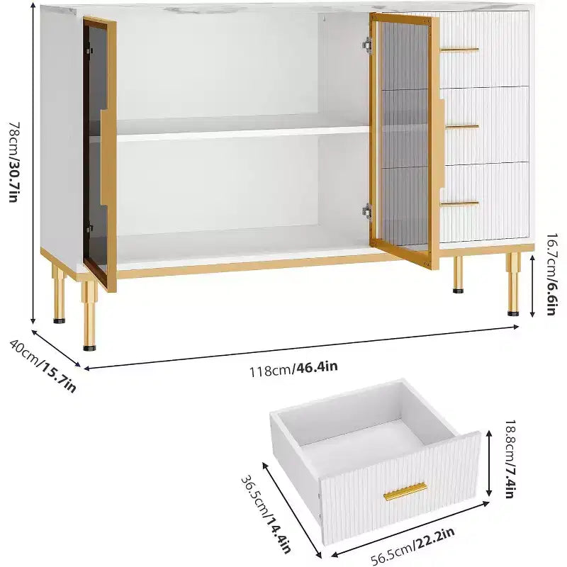 46.4 Buffet de salle à manger avec rangement, 2 portes vitrées, 3 tiroirs et étagères, dessus en marbre, meuble de rangement pour salle à manger
