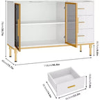 46.4 Buffet de salle à manger avec rangement, 2 portes vitrées, 3 tiroirs et étagères, dessus en marbre, meuble de rangement pour salle à manger
