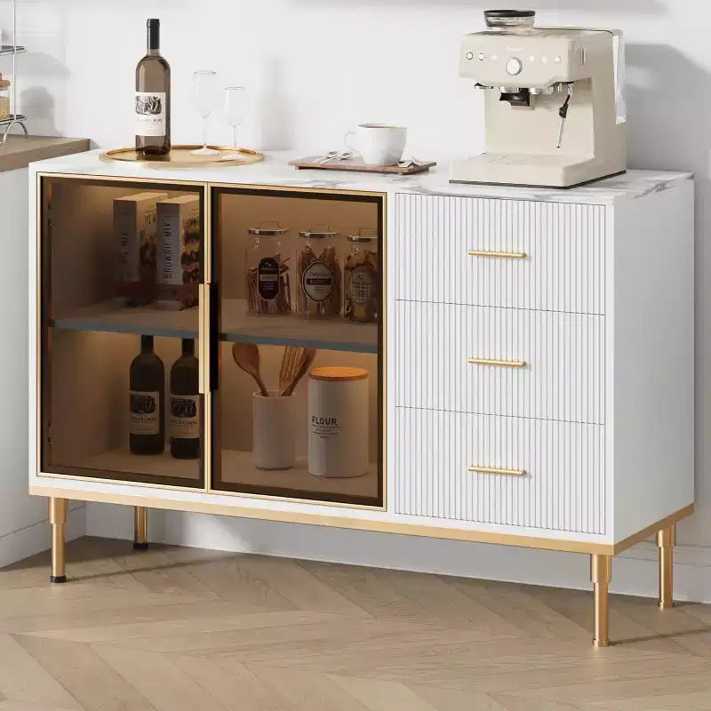 46.4 Buffet de salle à manger avec rangement, 2 portes vitrées, 3 tiroirs et étagères, dessus en marbre, meuble de rangement pour salle à manger