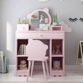 2-in-1 Princess Makeup Desk & Chair Set with Storage - Toddler Pretend Play Vanity for Girls - Pink