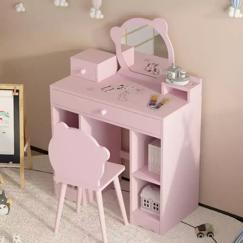 Coiffeuse et chaise de princesse 2-en-1 avec rangement – Coiffeuse pour enfant – Rose