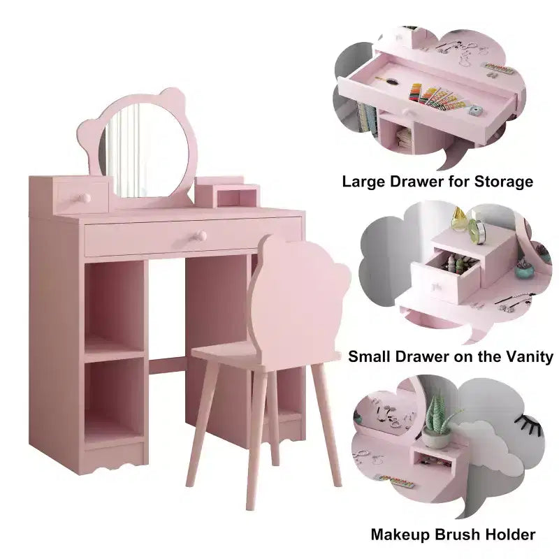 Coiffeuse et chaise de princesse 2-en-1 avec rangement – Coiffeuse pour enfant – Rose