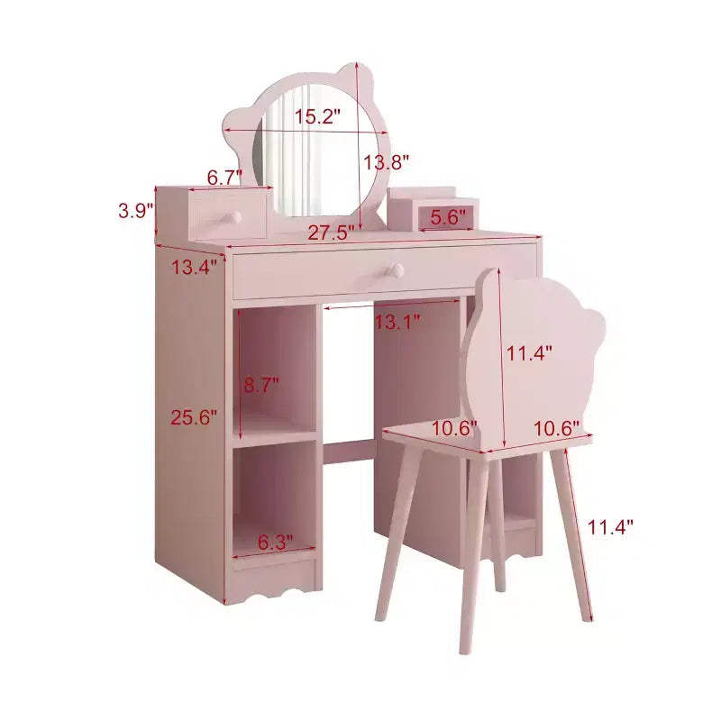 Coiffeuse et chaise de princesse 2-en-1 avec rangement – Coiffeuse pour enfant – Rose