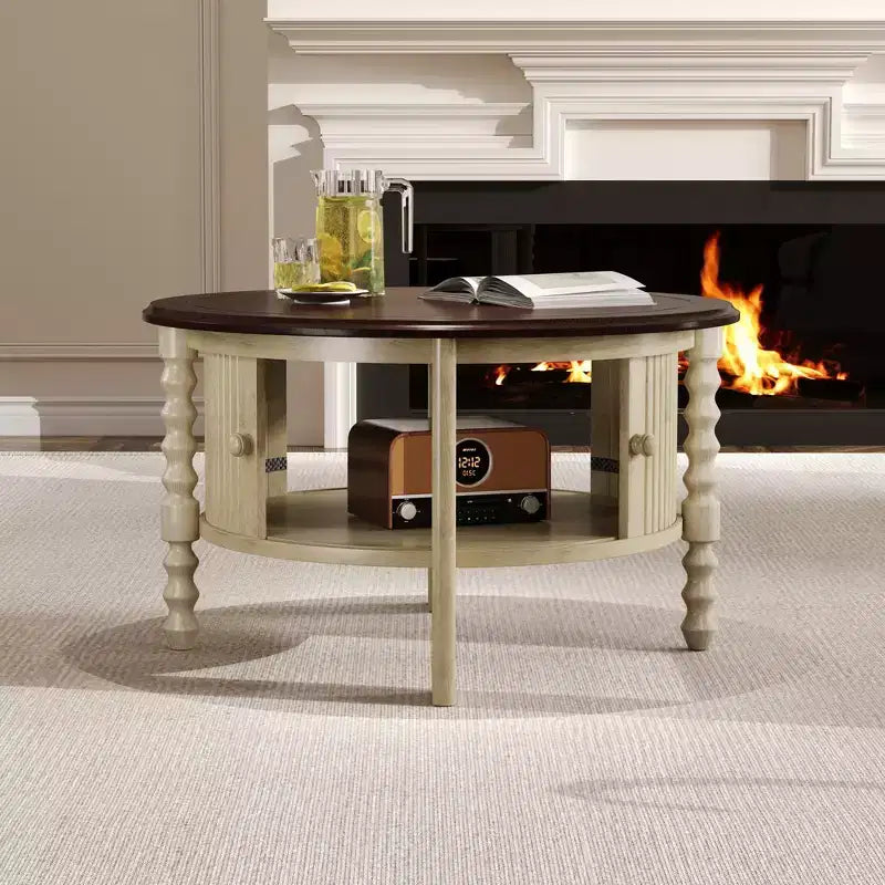 Table basse ovale/ronde vintage Table basse d'appoint Table d'appoint canapé Table de centre avec tiroir/porte coulissante, Noyer/Beige+Espresso-ModernLuxe