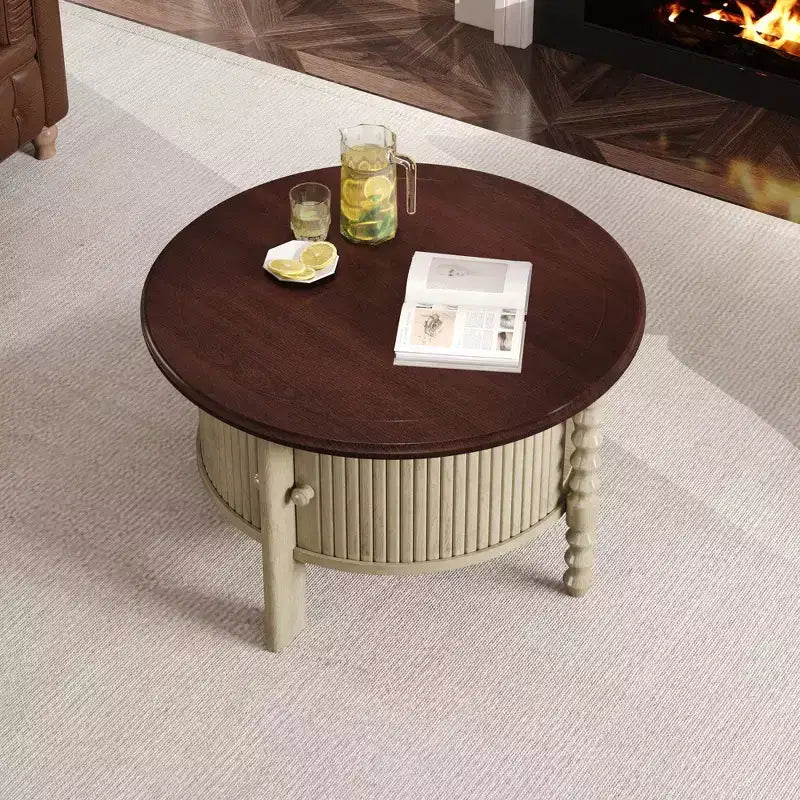 Table basse ovale/ronde vintage Table basse d'appoint Table d'appoint canapé Table de centre avec tiroir/porte coulissante, Noyer/Beige+Espresso-ModernLuxe
