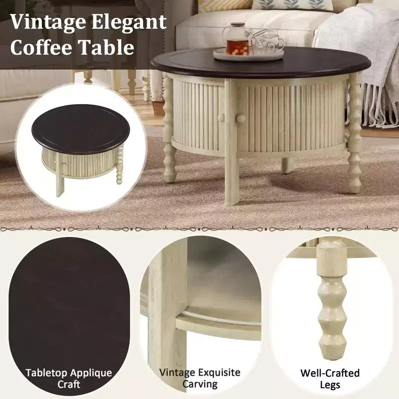 Table basse ovale/ronde vintage Table basse d'appoint Table d'appoint canapé Table de centre avec tiroir/porte coulissante, Noyer/Beige+Espresso-ModernLuxe