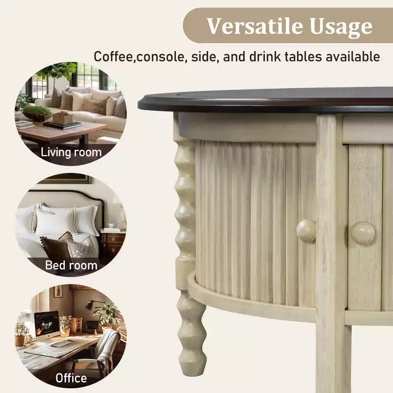Table basse ovale/ronde vintage Table basse d'appoint Table d'appoint canapé Table de centre avec tiroir/porte coulissante, Noyer/Beige+Espresso-ModernLuxe