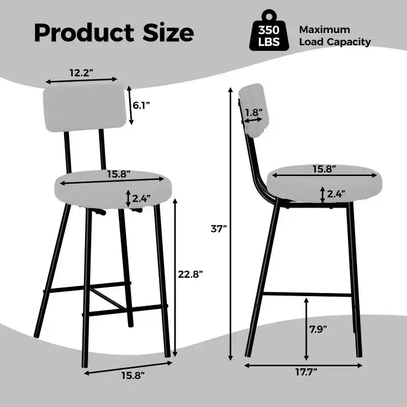 Lot de 4 tabourets de bar à hauteur de comptoir, chaises de bar rembourrées avec assise ronde, tabourets de bar modernes avec dossier et repose-pieds en métal