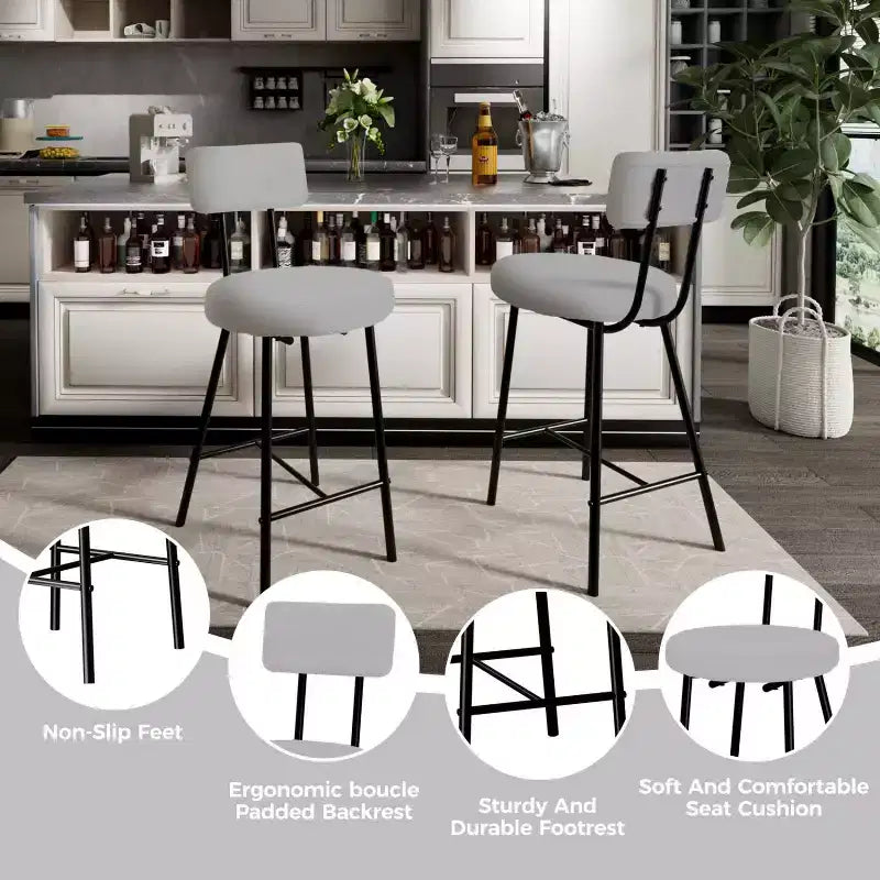 Lot de 4 tabourets de bar à hauteur de comptoir, chaises de bar rembourrées avec assise ronde, tabourets de bar modernes avec dossier et repose-pieds en métal