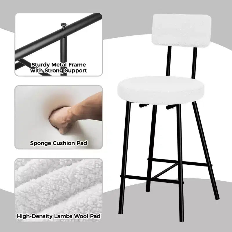 Lot de 4 tabourets de bar à hauteur de comptoir, chaises de bar rembourrées avec assise ronde, tabourets de bar modernes avec dossier et repose-pieds en métal