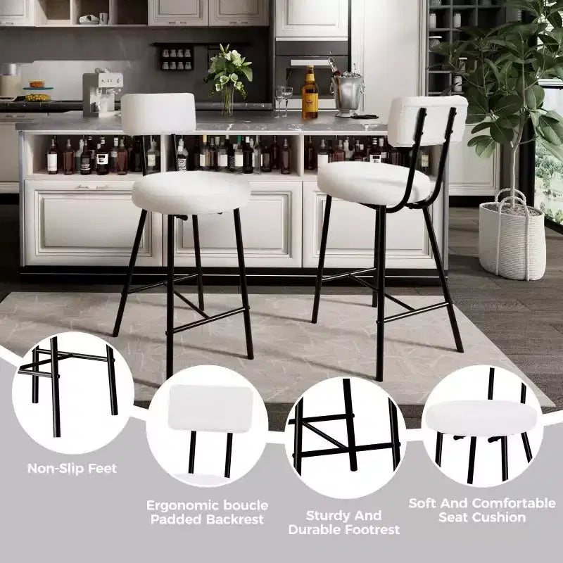 Lot de 4 tabourets de bar à hauteur de comptoir, chaises de bar rembourrées avec assise ronde, tabourets de bar modernes avec dossier et repose-pieds en métal