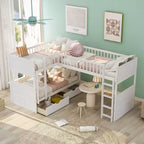 Lit mezzanine triple Okak avec rangement, lits superposés peu encombrants avec 2 tiroirs et aire de jeux en dessous, lits mezzanine hauts pour enfants et adolescents