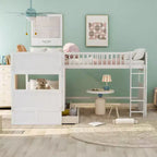 Lit mezzanine triple Okak avec rangement, lits superposés peu encombrants avec 2 tiroirs et aire de jeux en dessous, lits mezzanine hauts pour enfants et adolescents