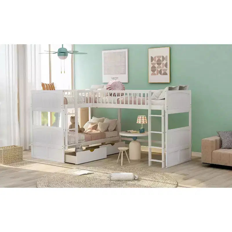 Lit mezzanine triple Okak avec rangement, lits superposés peu encombrants avec 2 tiroirs et aire de jeux en dessous, lits mezzanine hauts pour enfants et adolescents