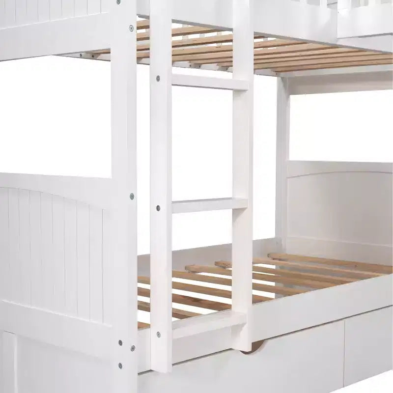 Lit mezzanine triple Okak avec rangement, lits superposés peu encombrants avec 2 tiroirs et aire de jeux en dessous, lits mezzanine hauts pour enfants et adolescents