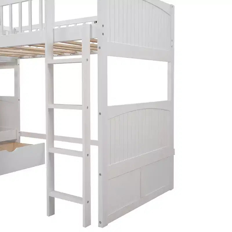 Lit mezzanine triple Okak avec rangement, lits superposés peu encombrants avec 2 tiroirs et aire de jeux en dessous, lits mezzanine hauts pour enfants et adolescents