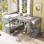 Lit mezzanine triple Okak avec rangement, lits superposés peu encombrants avec 2 tiroirs et aire de jeux en dessous, lits mezzanine hauts pour enfants et adolescents