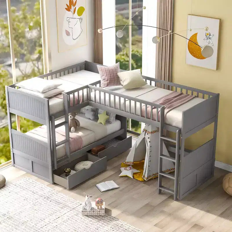 Lit mezzanine triple Okak avec rangement, lits superposés peu encombrants avec 2 tiroirs et aire de jeux en dessous, lits mezzanine hauts pour enfants et adolescents