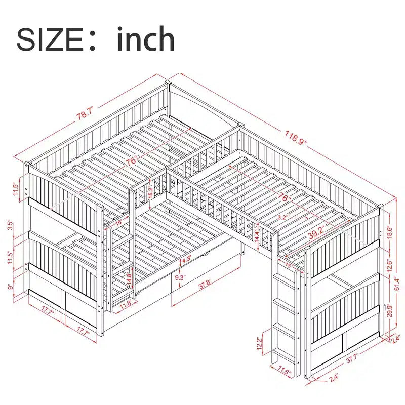 Lit mezzanine triple Okak avec rangement, lits superposés peu encombrants avec 2 tiroirs et aire de jeux en dessous, lits mezzanine hauts pour enfants et adolescents