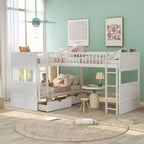 Lit mezzanine triple Okak avec rangement, lits superposés peu encombrants avec 2 tiroirs et aire de jeux en dessous, lits mezzanine hauts pour enfants et adolescents