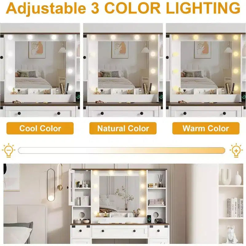 Coiffeuse avec grand miroir LED lumineux 3 modes, coiffeuse en bois pour chambre à coucher avec prise de courant, tiroirs, tabouret de rangement, rose