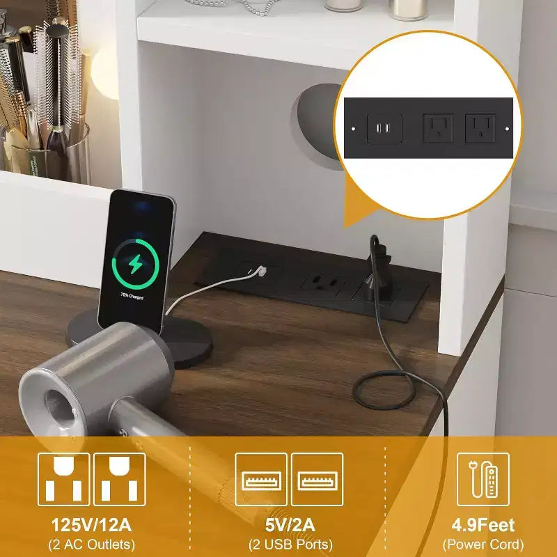 Coiffeuse avec grand miroir LED lumineux 3 modes, coiffeuse en bois pour chambre à coucher avec prise de courant, tiroirs, tabouret de rangement, rose
