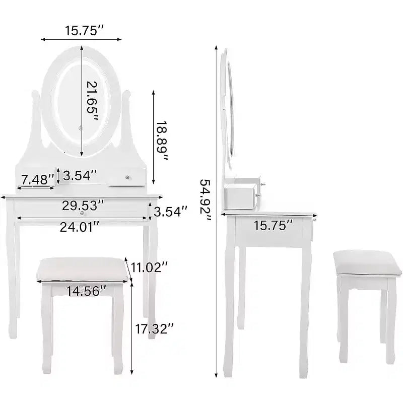 Coiffeuse avec grand miroir LED lumineux 3 modes, coiffeuse en bois pour chambre à coucher avec prise de courant, tiroirs, tabouret de rangement, rose