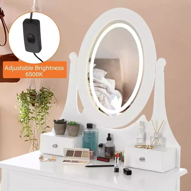 Coiffeuse avec grand miroir LED lumineux 3 modes, coiffeuse en bois pour chambre à coucher avec prise de courant, tiroirs, tabouret de rangement, rose