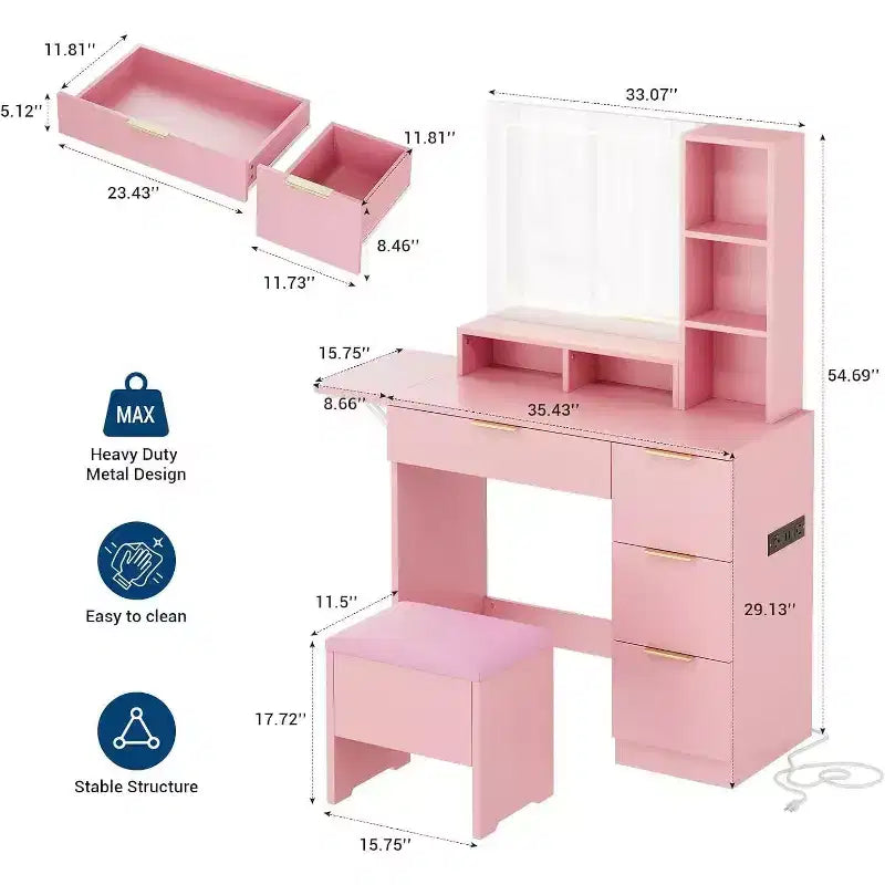 Coiffeuse avec grand miroir LED lumineux 3 modes, coiffeuse en bois pour chambre à coucher avec prise de courant, tiroirs, tabouret de rangement, rose