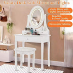 Coiffeuse avec grand miroir LED lumineux 3 modes, coiffeuse en bois pour chambre à coucher avec prise de courant, tiroirs, tabouret de rangement, rose