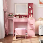 Coiffeuse avec grand miroir LED lumineux 3 modes, coiffeuse en bois pour chambre à coucher avec prise de courant, tiroirs, tabouret de rangement, rose