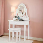 Coiffeuse avec grand miroir LED lumineux 3 modes, coiffeuse en bois pour chambre à coucher avec prise de courant, tiroirs, tabouret de rangement, rose