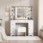 Coiffeuse avec grand miroir LED lumineux 3 modes, coiffeuse en bois pour chambre à coucher avec prise de courant, tiroirs, tabouret de rangement, rose