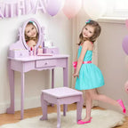 Coiffeuse pour enfants avec miroir, table de maquillage et tabouret, ensemble de jeu en bois pour 4-9 ans, violet