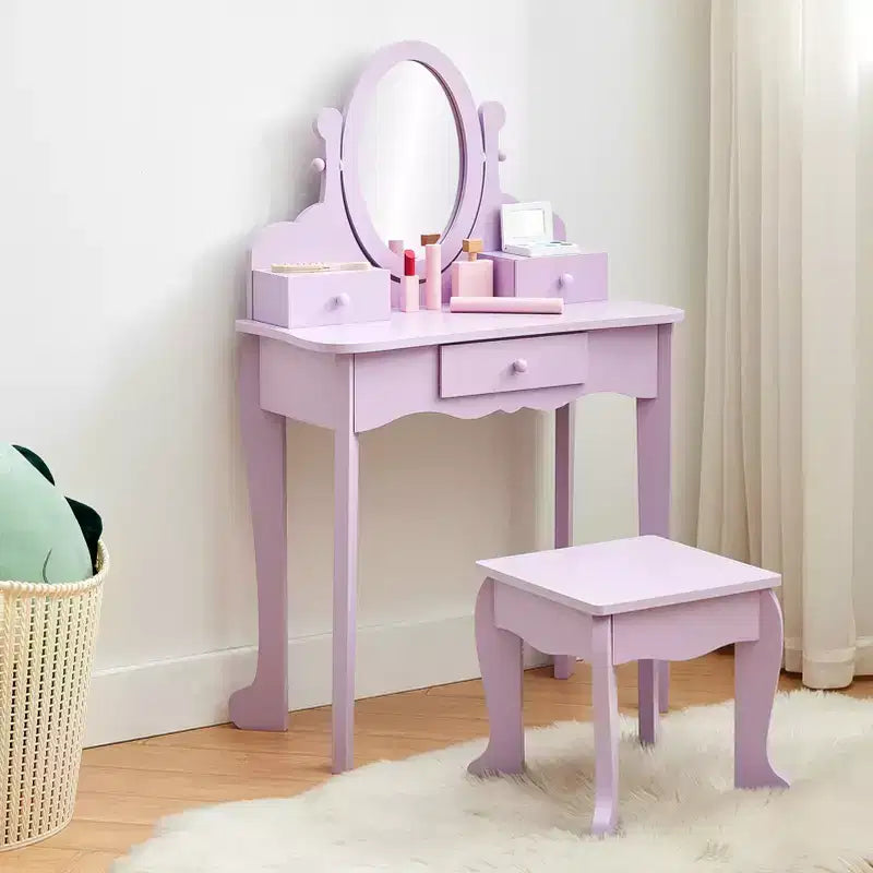 Coiffeuse pour enfants avec miroir, table de maquillage et tabouret, ensemble de jeu en bois pour 4-9 ans, violet