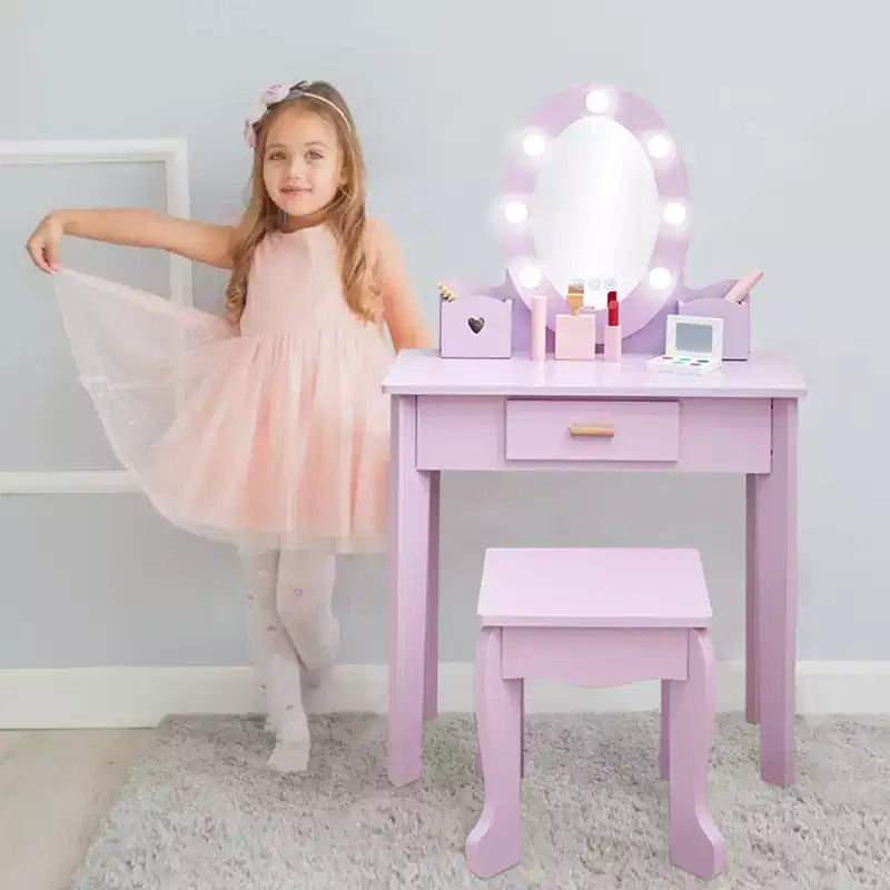 Coiffeuse pour enfants avec miroir, table de maquillage et tabouret, ensemble de jeu en bois pour 4-9 ans, violet